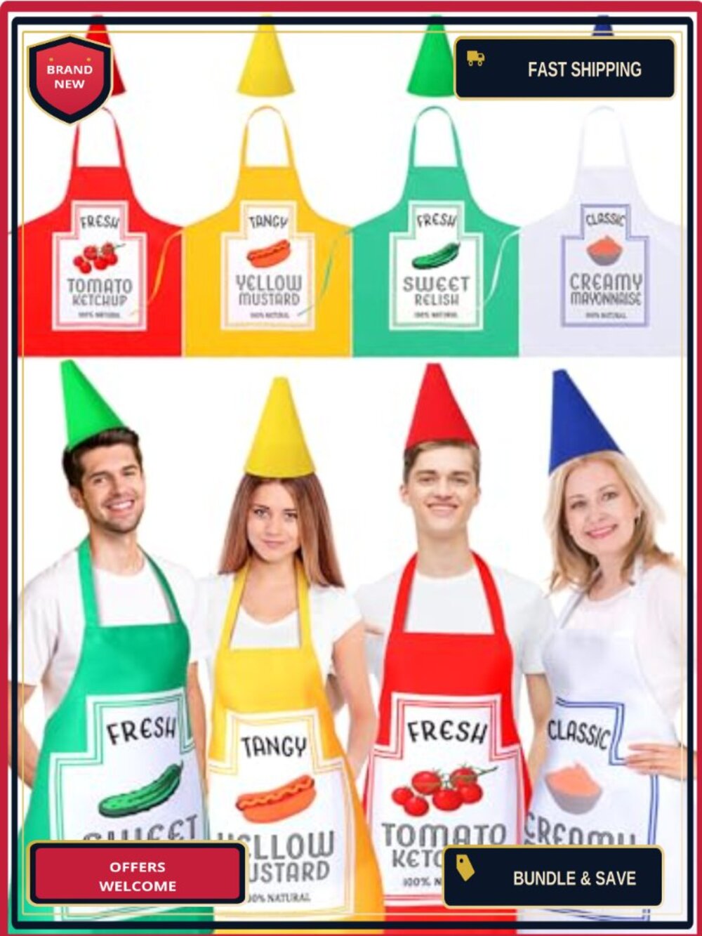 Condiment Costume Set 4 Aprons & Hats Felt Cotton Halloween Group
